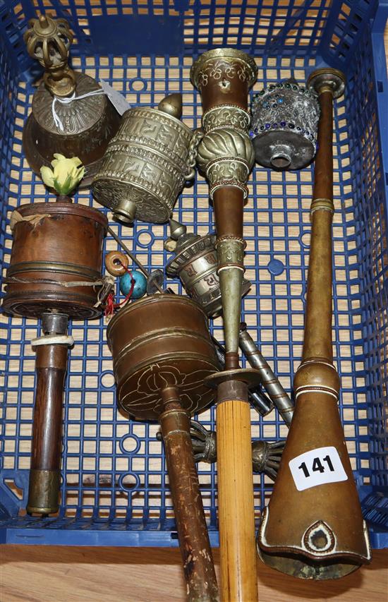 A group of Tibetan copper and brass Buddhist ritual objects,